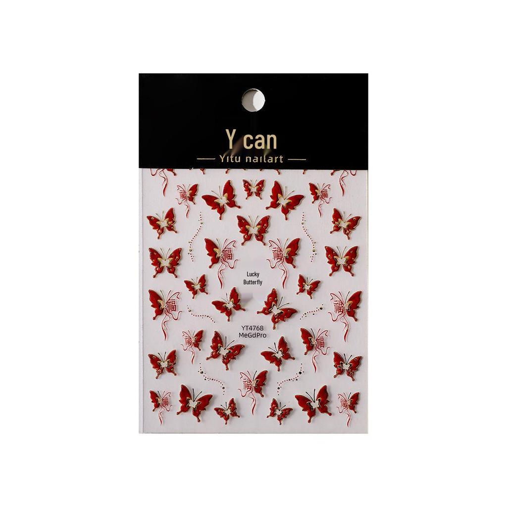 Autocolante pentru unghii YITU Fluture Roșu Stil Chinezesc cu Caracterul Fu și Spate Adeziv, YT4768