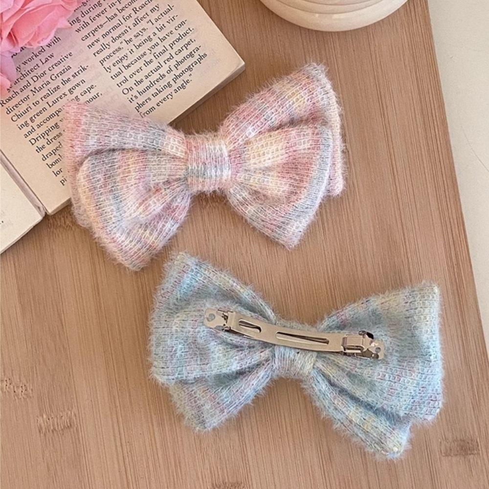 Cream gradual change color plush bow hairpin sweet and cute back head half tied spring clip hairpin simple hair accessories