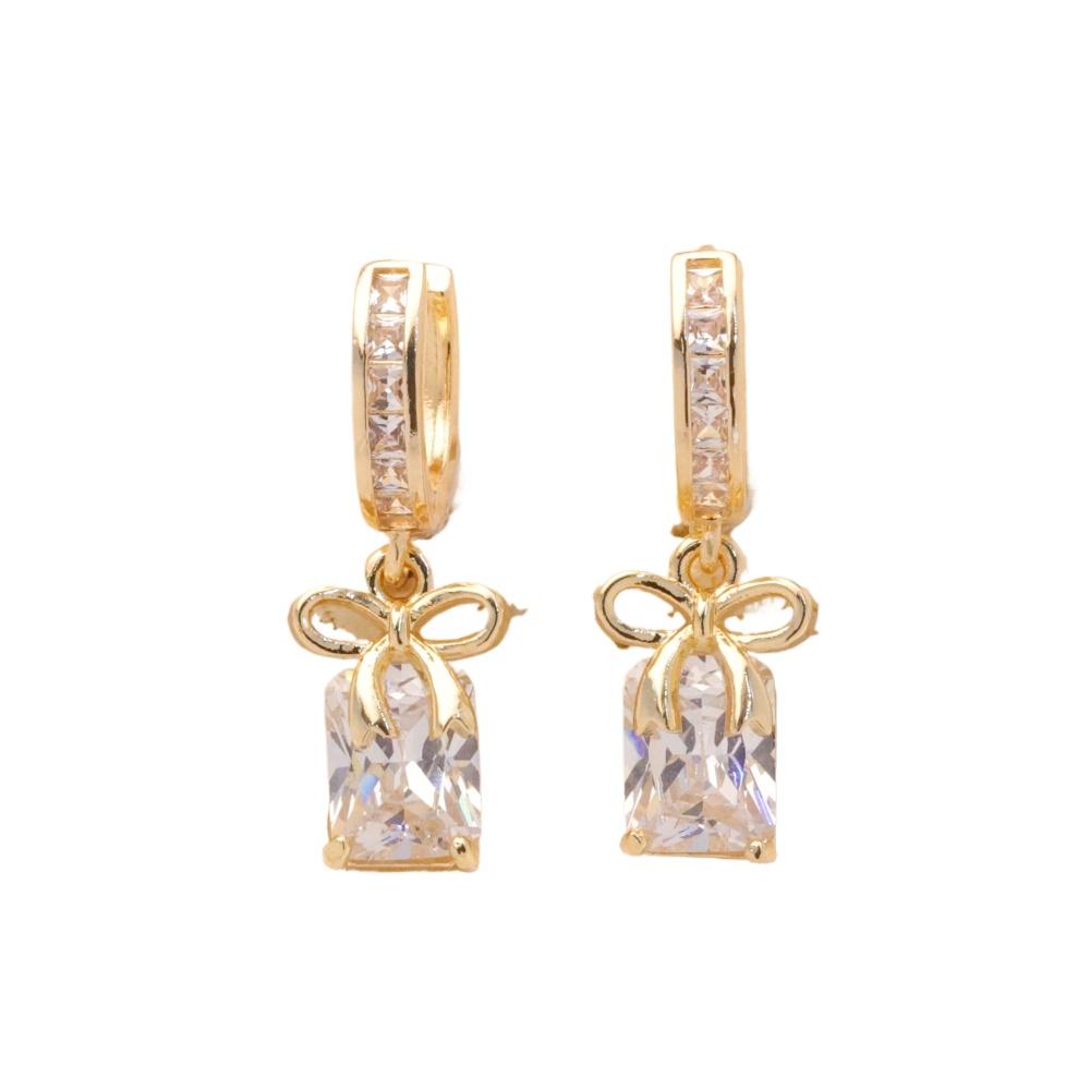 1 Pair Fashion Zirconia with Bow Dangle Earrings for Women Golden Earring Jewelry Wedding Party Accessories