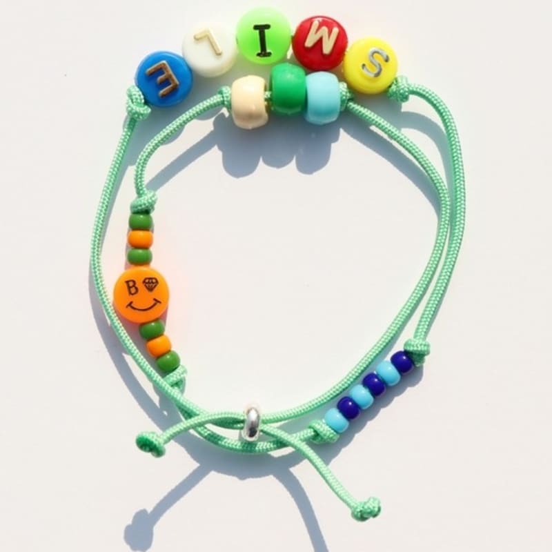 BONBEAU Happy Pop Initial Smile Knot Bracelet Smile Charm Initial Bead Two-Line Knot Bracelet Thread Bracelet