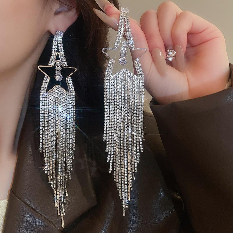 Silver needle zircon geometric fringed earrings light luxury high-end autumn and winter earrings women's new popular earrings