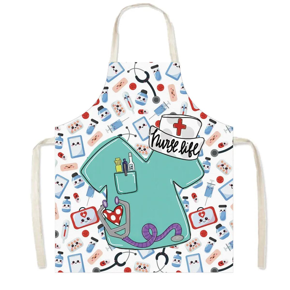 

Funny Doctor Uniform Print Kitchen Apron ECG Nurse Pinafore Women Men Household Cleaning Tools Waiter Chef Cooking Aprons 38X47cm