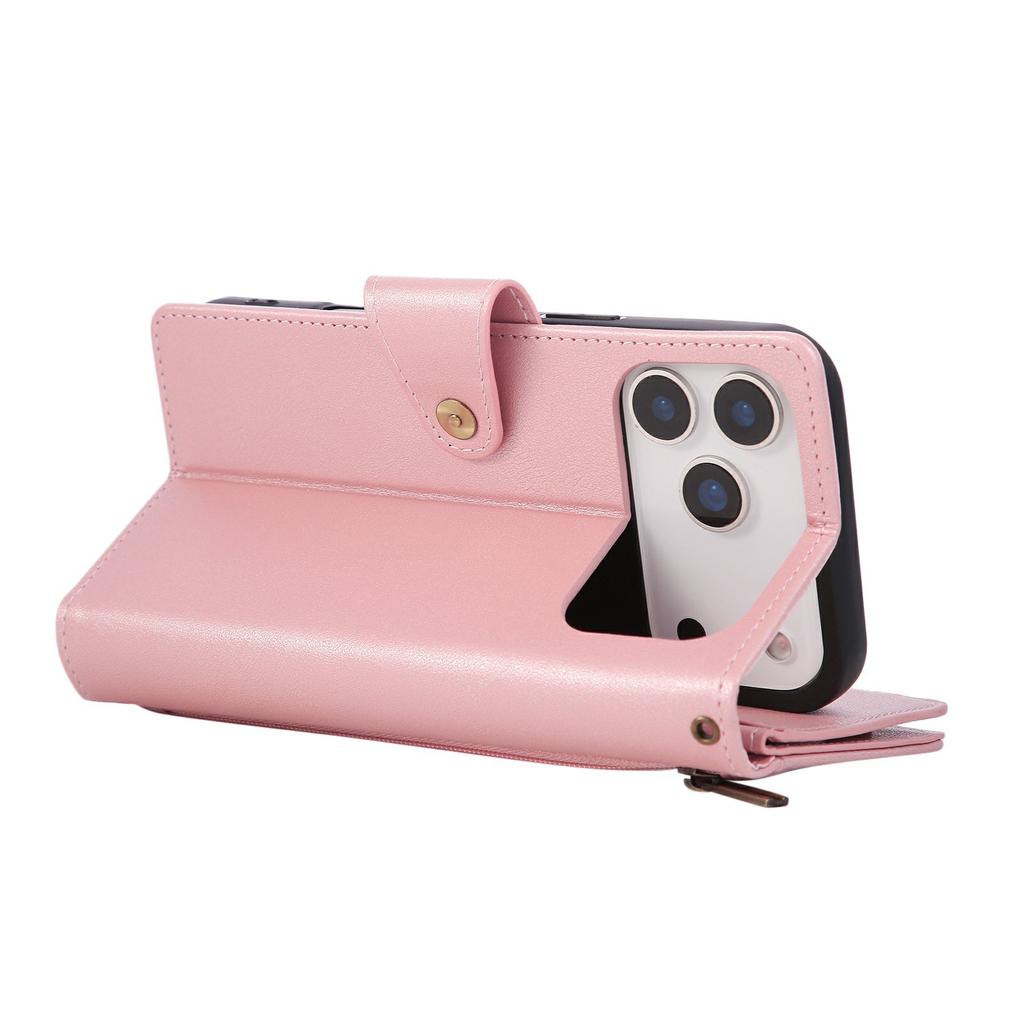 For iPhone 17 Pro Case Zipper Wallet Rivet Decor Leather Phone Cover with Wrist Strap