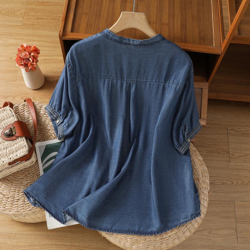 Women's Tencel Denim Drape Short Sleeve Shirt - Retro Style 2025