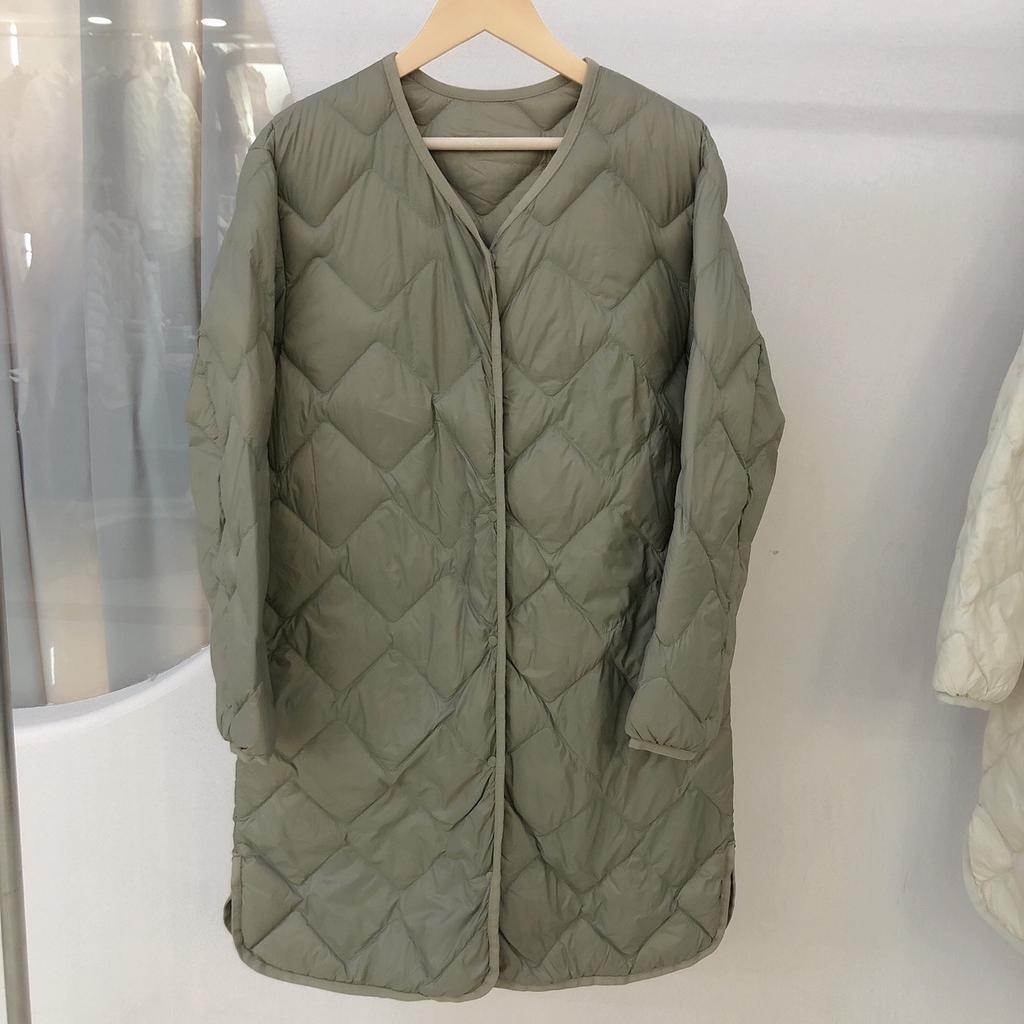 Autumn and winter down jacket women's medium and long V-neck light portable rhombus wavy down liner large size jacket