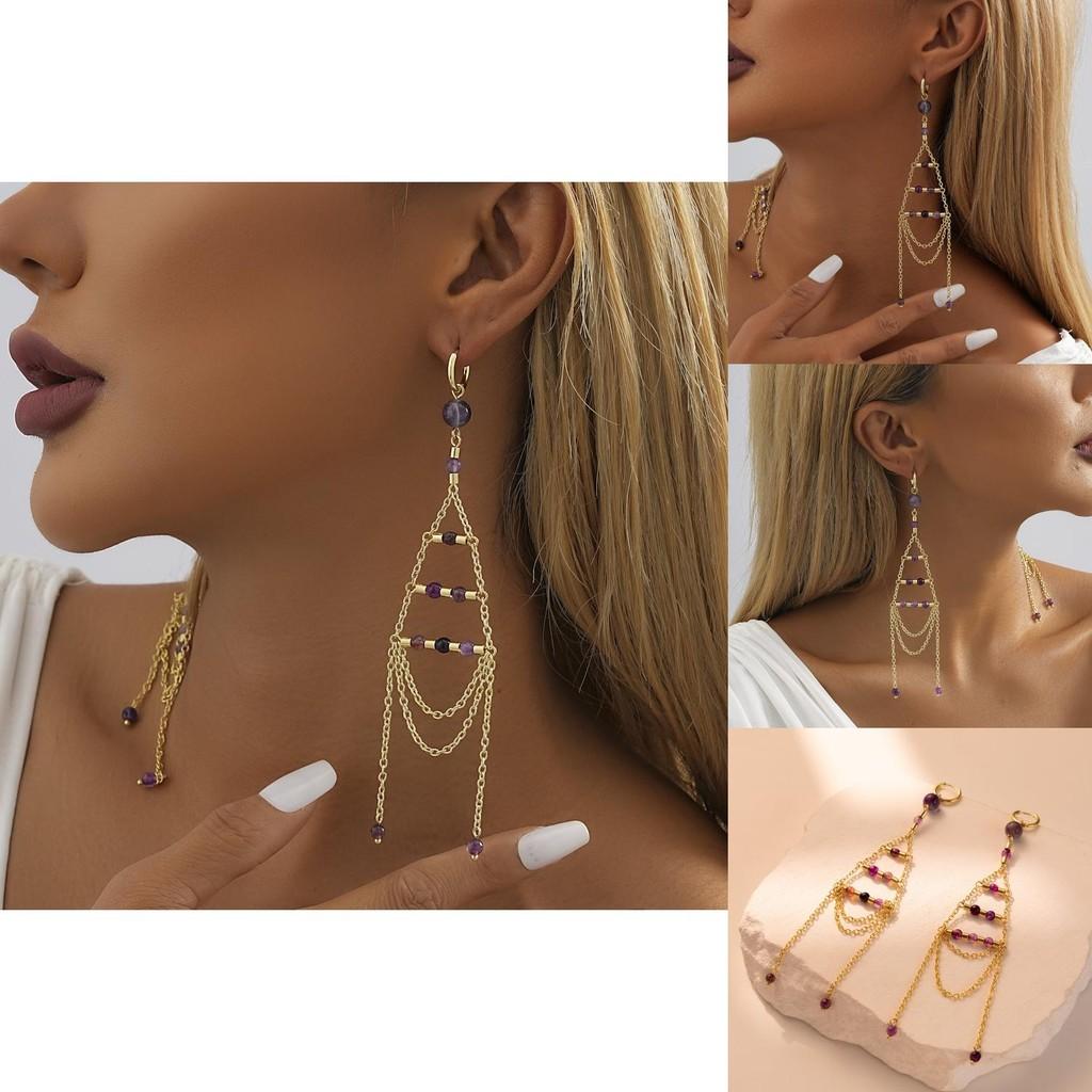 Elegant Geometric Gold Plated Purple Crystal Chain Dangle Earrings For Women