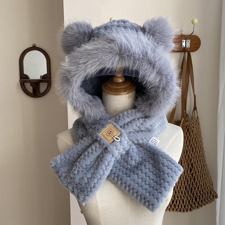 Hat, Scarf, Integrated Pullover Hat, Women's Winter Hairy Ears, Cycling Hat, Dual-purpose One-piece Hat, Cross Neck Hat