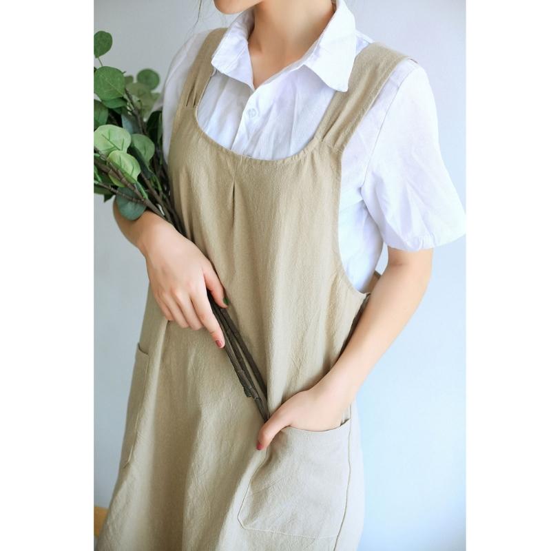 Women Cotton Linen Cross Back Apron with Pocket Simple Pattern Cotton Apron Comfortable Cotton Apron for Women Girl