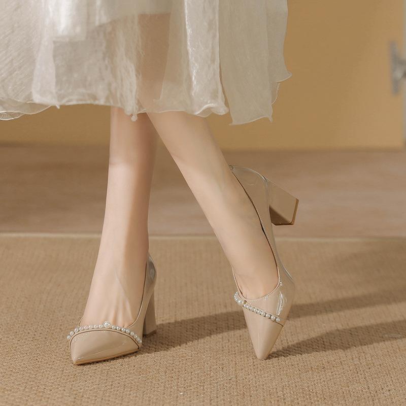 New Spring and Summer Shallow Mouth Pointed High Heels Temperament Pearl Bride Shoes Work Commuter Thick Heels