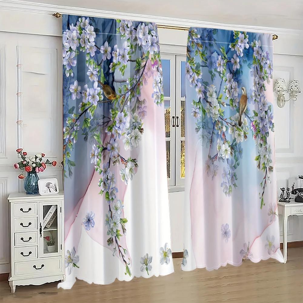 2pcs Luxury Beautiful Flowers Print Curtain Rod Pocket Curtains, Decorative Curtains For Living Room Bedroom Office Home Decor