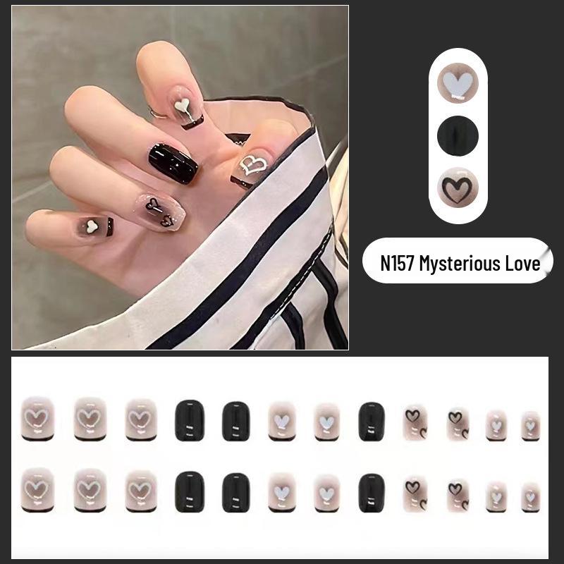 Xiaohongshu Douyin French Style Heart-Shaped Black Press-On Whitening Nails