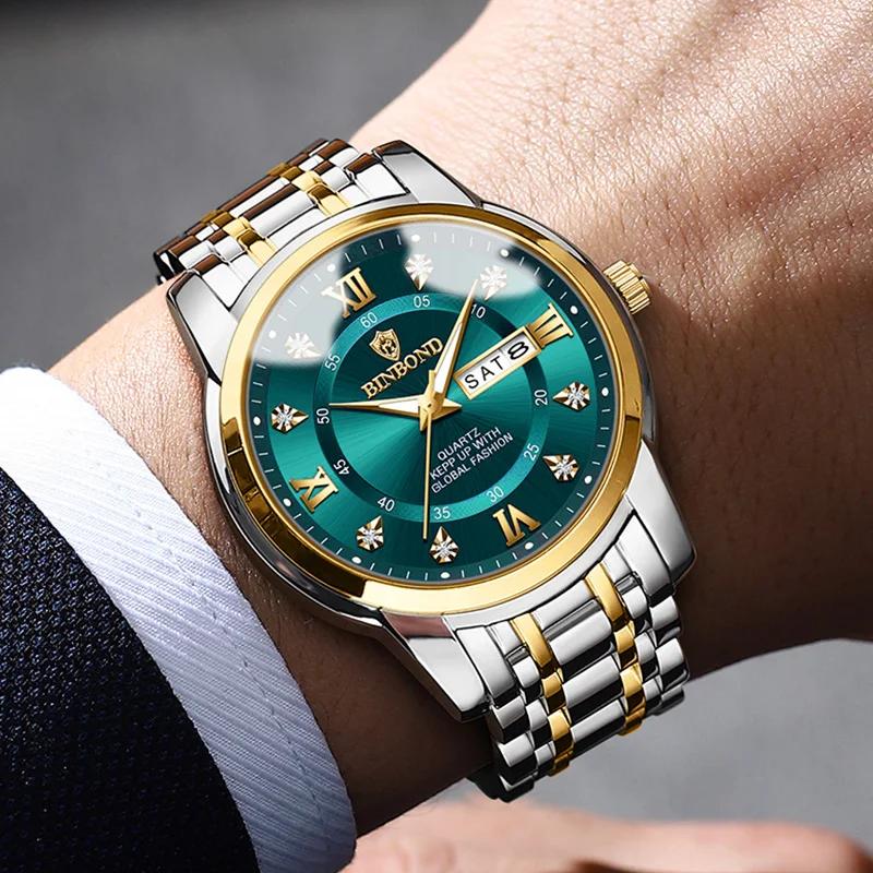 BINBOND Luxury Men Quartz Watch Waterproof Date Week Luminous Wristwatch Stainless Steel Men's Watches Male Clock Sports Reloj