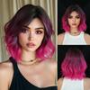 Peruca Bob Cacheado Ombré Rosa e Dourado Profundo de 12" – Cabelo Sintético Curto Ondulado com Reparto Central e Touca Respirável de Rede Rosa para Mulheres
