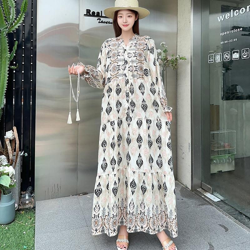 South East Asia People Cotton Floral Long Dress Bohemian Long Sleeve Loose Dress Fat Girl Plus Size Maternity Skirt