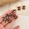 Checkered Bow Plush Bear Earrings New American College Style Coffee Colored High-End Unique Earrings Cute Plush Gril Earrings