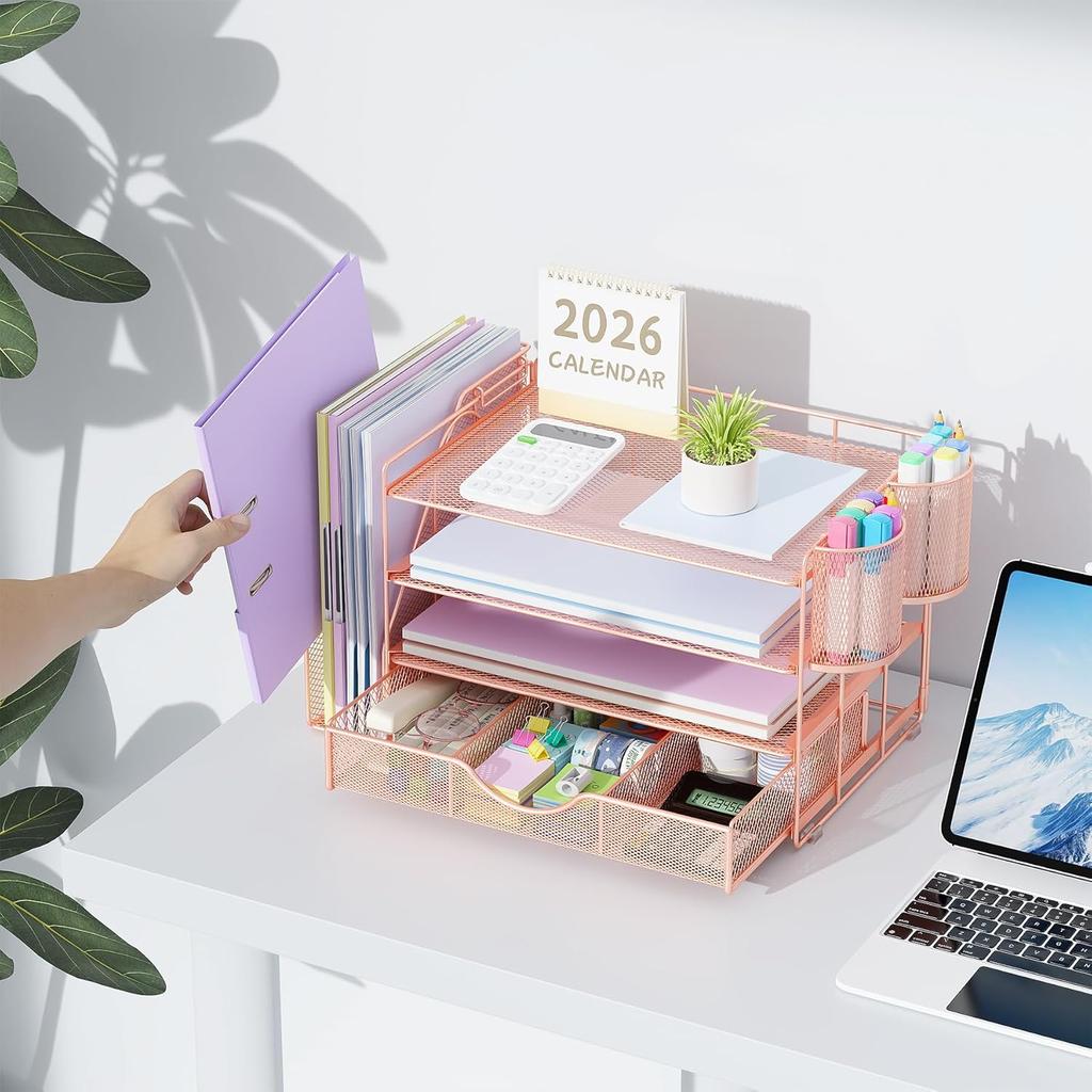 Schreibtisch-Organizer mit Aktenhalter, 4-stufige Schreibtischzubehör- & Arbeitsplatz-Organizer mit Schublade und 2 Stifthaltern, Papier-Organizer für Büromaterial