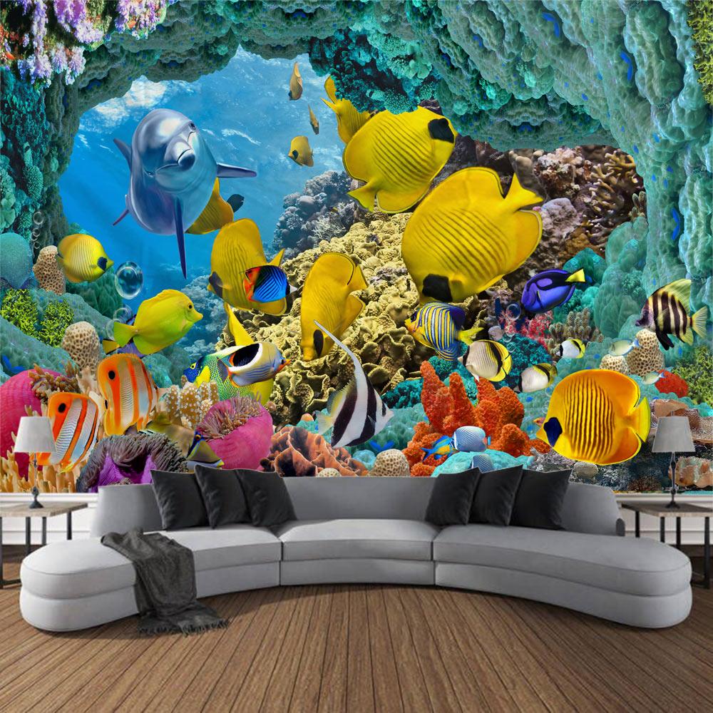 Undersea print tapestry psychedelic room decoration wall hanging ocean coral dolphin home wall decoration cartoon mural