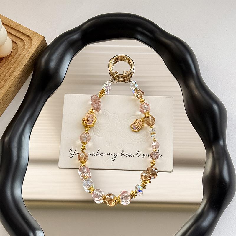 Snur rafinat de agățat Curea pentru telefon mobil cu pisică norocoasă din desene animate, lucrată manual cu margele, lanț mobil anti-pierdere, șnur universal pentru telefon