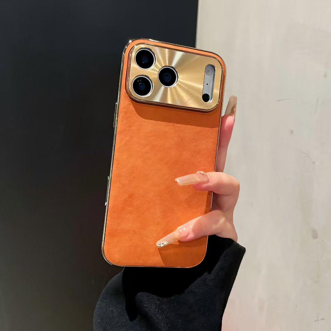 

Apple 17ProMax Чехол из овчины с гальваническим покрытием для iPhone16, противоударный, с текстурой кожи 17 Pro оранжевый