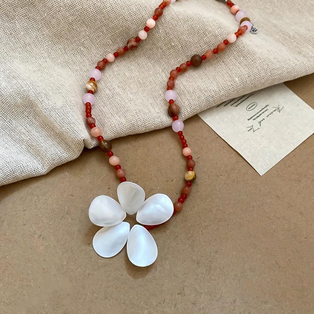 Beaded Shell Flower Necklace Boho Ocean Style Neck Chain Stone Pendant Necklace  Girls