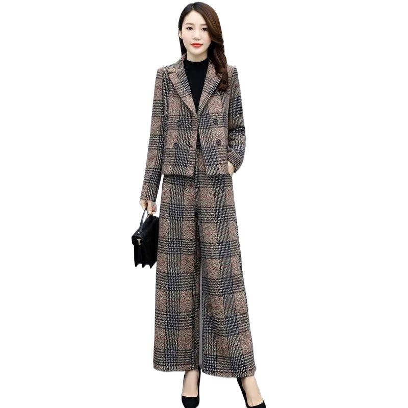 Podzimní a zimní módní vlněný kostkovaný profesionální oblek široké kalhoty oblek dámský vlněný oblek kalhoty s vysokým pasem dvoudílný oblek jaro
