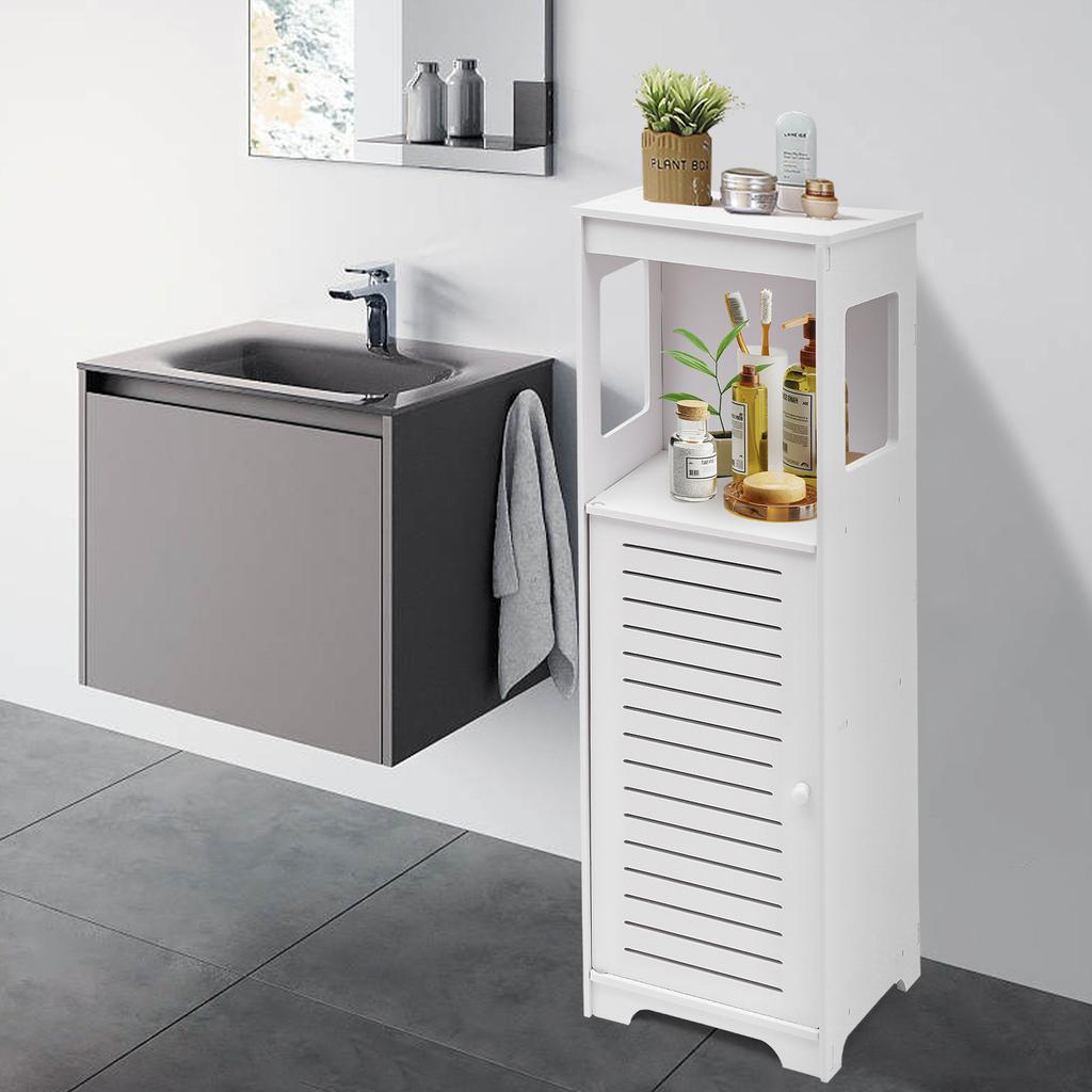 4-Tier White PVC Bathroom Storage Cabinet – Floor Standing Organizer with Ventilated Door – 35.4 Inch Tall
