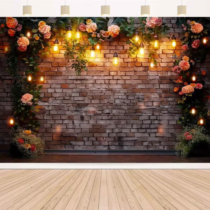 2D Vintage Brick Wall with Floral and Light Bulb Backdrop Party Photo Background Cloth