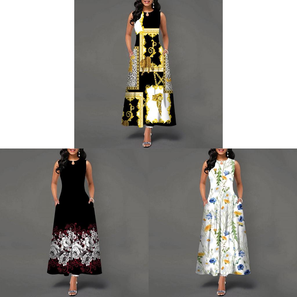 Urban Chic Printed Polyester Sleeveless Maxi Dress For Work And Casual Wear