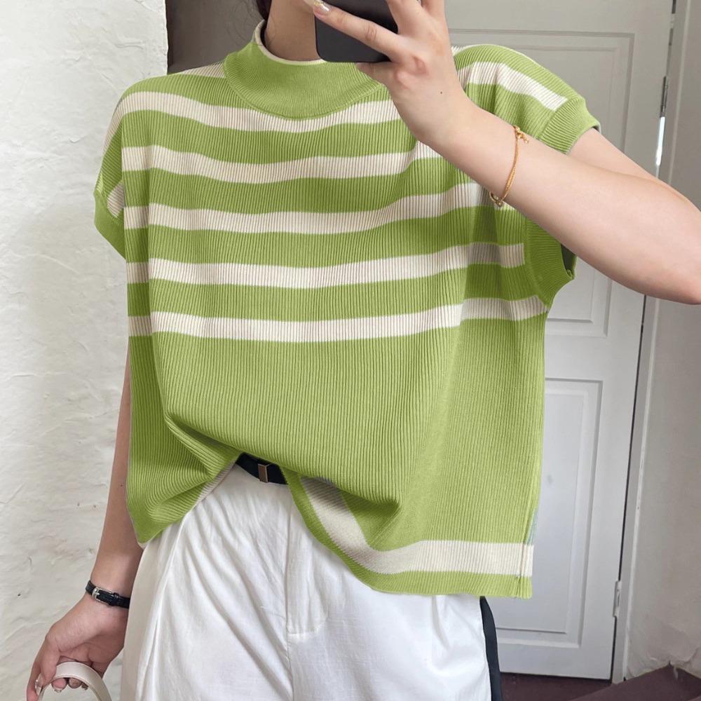 

Свободная полосатая трикотажная футболка Ин повседневный топ Женский удобный трикотаж Кроп-топ Женский зелёный