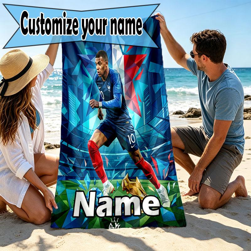 Personalisierbares Strandtuch mit Kylian Mbappe Aufdruck und individuellem Namen, für Reise Camping Strandparty Heimdekoration, Geburtstagsgeschenk für Familie & Freunde