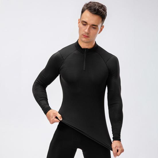 Autumn Winter Men Thermal Top Plush Lining Zipper Stand-up Collar Long Sleeve Shirt Slim Fit Stretch Casual Solid Color Cold Weather Warm Base