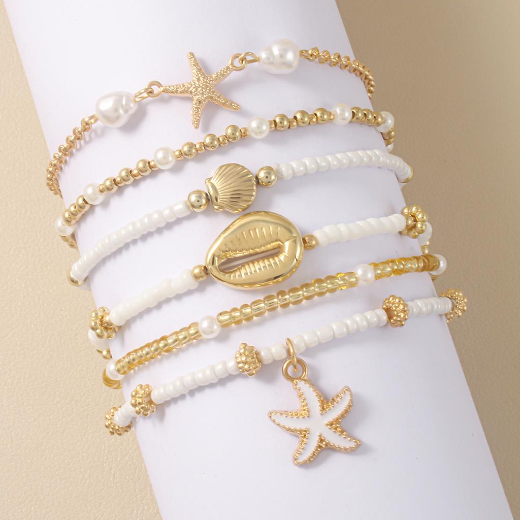 Vintage Seed Bead Stacked Bracelet Set Starfish Shell Embellishment Bracelets Elegant Women's Summer Beach Party Ideal Zircon