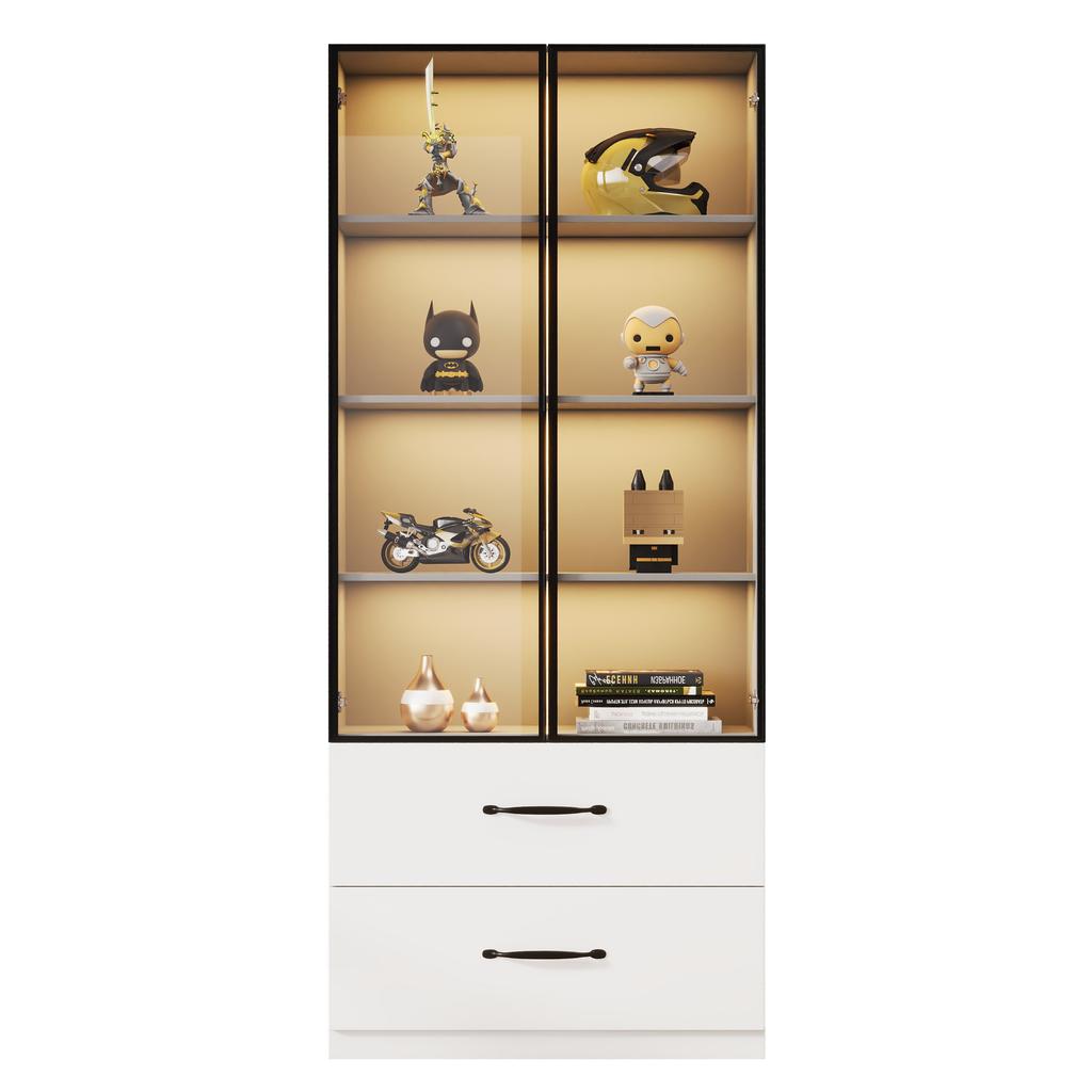 LED Display Cabinet 60×40×160 cm with Drawers, Aluminum Frame, Tempered Glass Doors and Soft-Closing Hinges, Multicolor LED