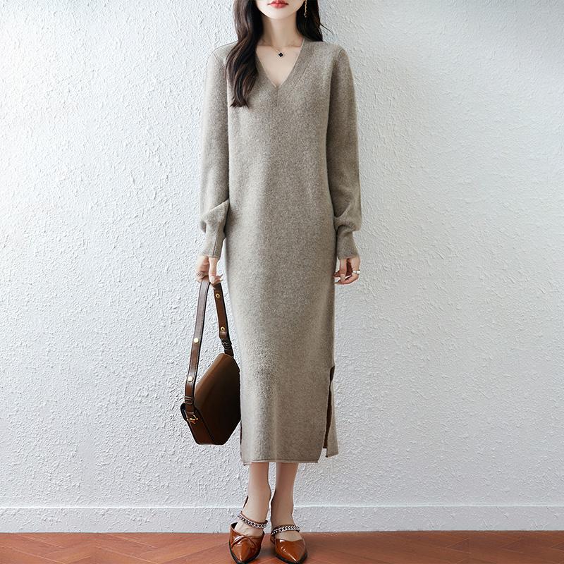 Women Sweater Dress 100% Wool MODERN NEW SAGA V-neck Knit Long Pullover Winter Jumpers Wool Long Dress Female
