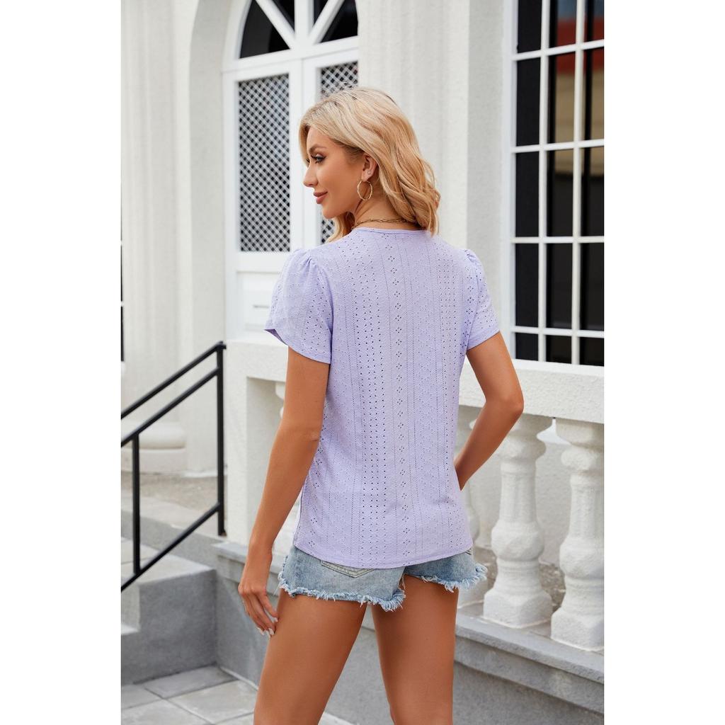 Spring Summer Women's Lace Patchwork V-neck Loose Short Sleeve T-shirt