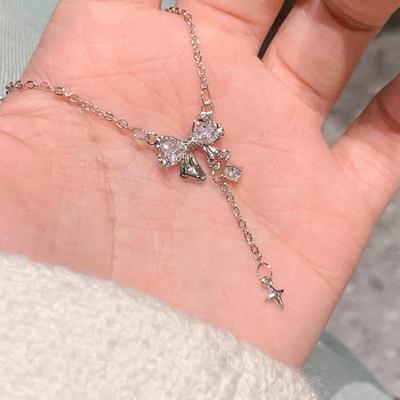 2024 New Bow Zircon Tassel Necklace: Elegant Sweet Design for Women, Light Luxury Clavicle Chain