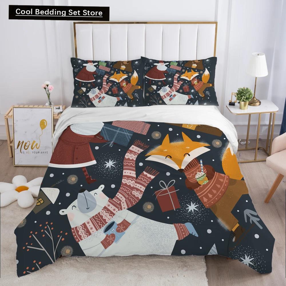 Merry Christmas King Queen Duvet Red Cartoon Santa Car Animals Bedding Set for Children Boy Girl Happy Holiday Theme Quilt Cover