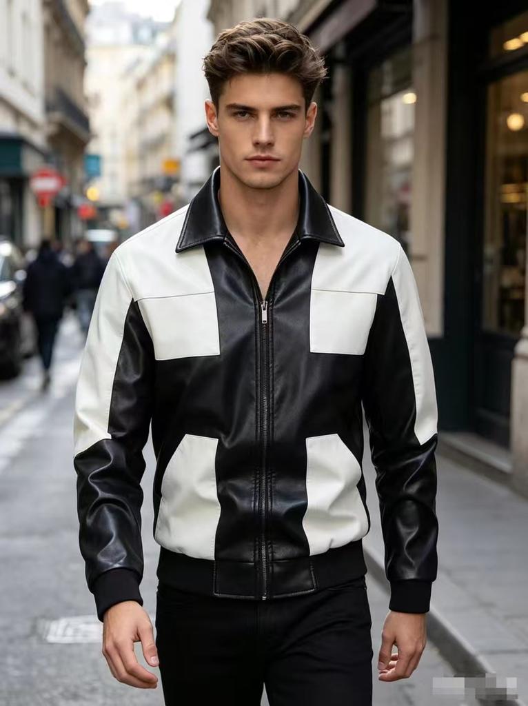 Men's splicing locomotive clothing spring and autumn new men's leather clothing cycling racing clothing lapel PU leather jacket jacket