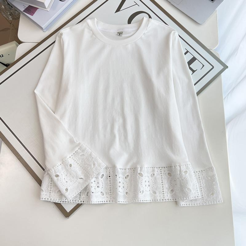 Plus Size Women Lace Splicing Long Sleeve Loose Base T Shirt Top