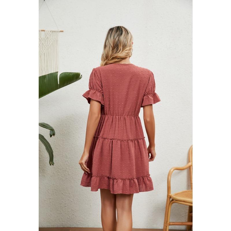 Damen Sommer V-Ausschnitt locker einfarbig elastische Taille Kleid für Damen