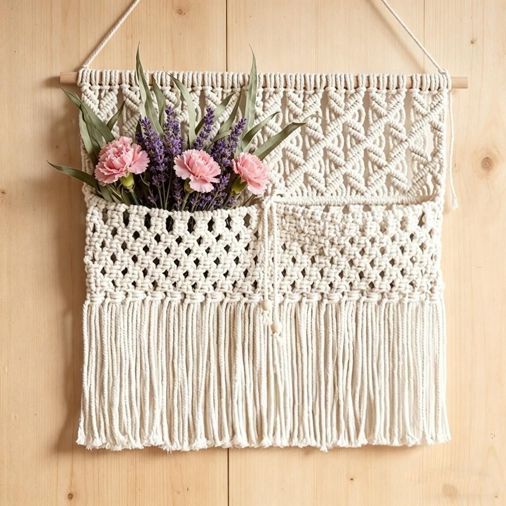 Wooden Rod Macrame Wall Hanging Woven Wall Organizer Wall Decoration Hanging Planter Home Decor