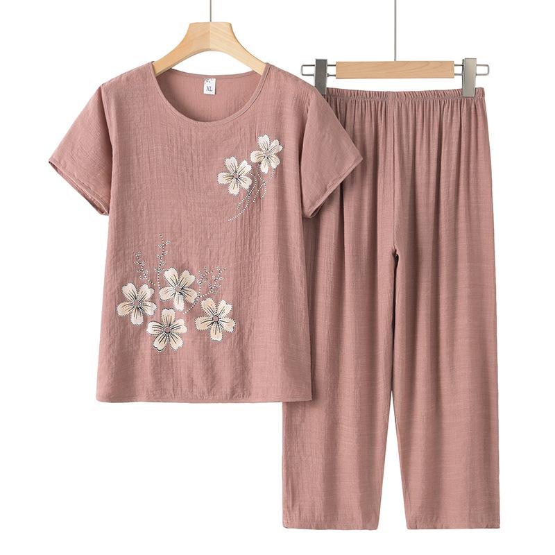 

Летний хлопково-льняной костюм из двух предметов с коротким рукавом для пожилых женщин XL хаки