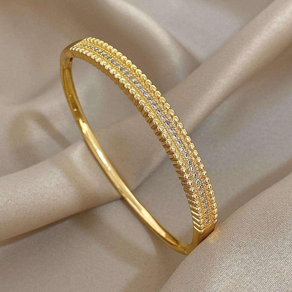 Flashbuy Gold Color Chic Inlaid Zircon Copper Bangle Bracelet For Women Statement New Design Temperament Wrist Fashion Zircon