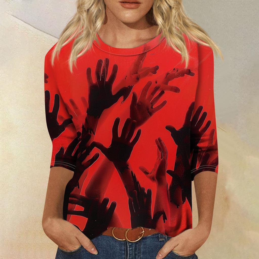 Dámské módní ležérní top s tříčtvrtečním rukávem a halloweenským potiskem, kulatý výstřih