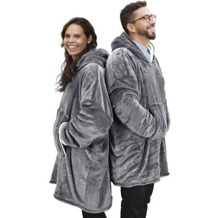 Plaid Pull Sweat à Manche et Capuche avec Poche – Taille Unique 118 x 85 cm Adulte Homme et Femme - Intérieur Sherpa - Coloris Gris