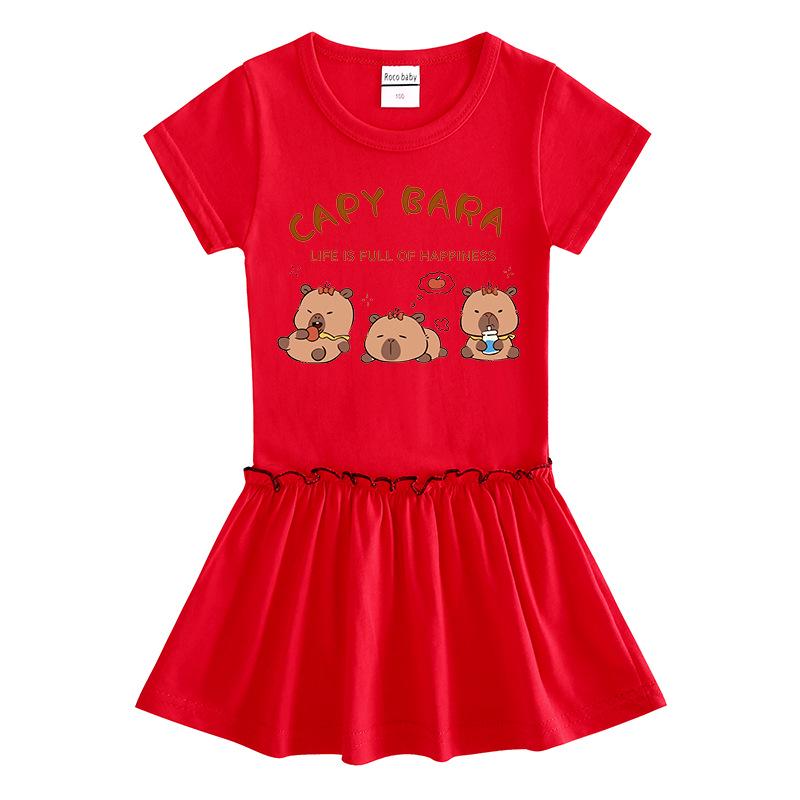 Summer Cartoon Color Block Raglan Dress for Baby Girls - Short Sleeve with Ruffled Pleated Skirt