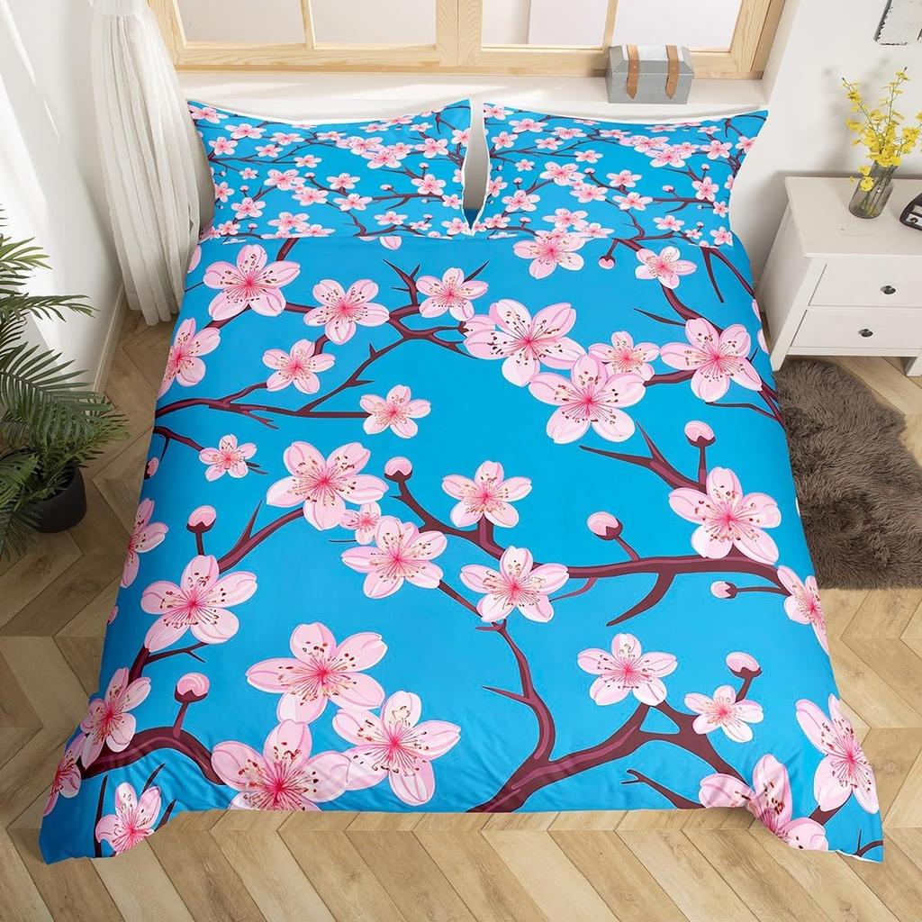 Pink Cherry Blossom Duvet Cover Twin King,Japanese Flowers Blossoms Romantic Floral Bedding Set,Farmhouse Petals Comforter Cover