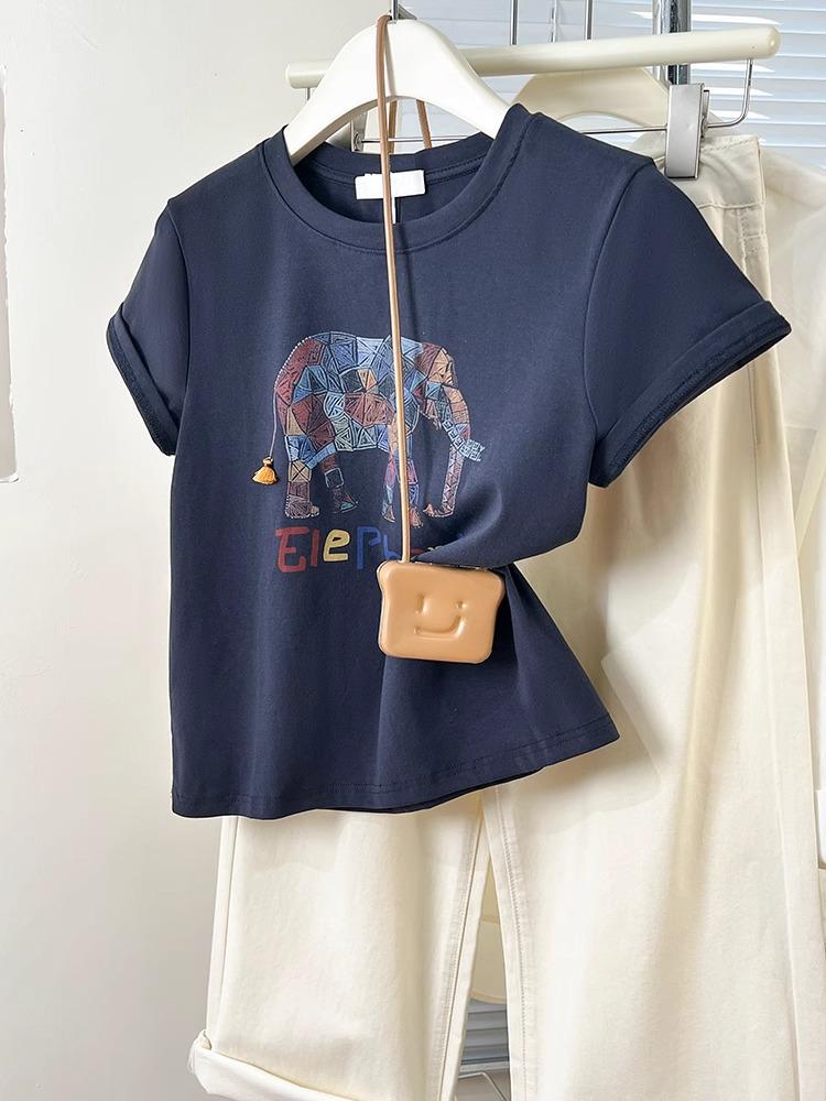 

Женская хлопковая футболка с коротким рукавом свободного кроя с принтом слона - Летний дизайн Large темно-синий