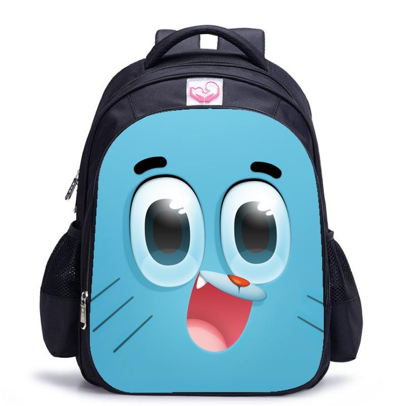 Zaino Scuola per Bambini, Testa Grande Gatto Blu Forrest Gump Scuola di Animazione, Tessuto Oxford Nero Resistente allo Sporco Grande Capacità.