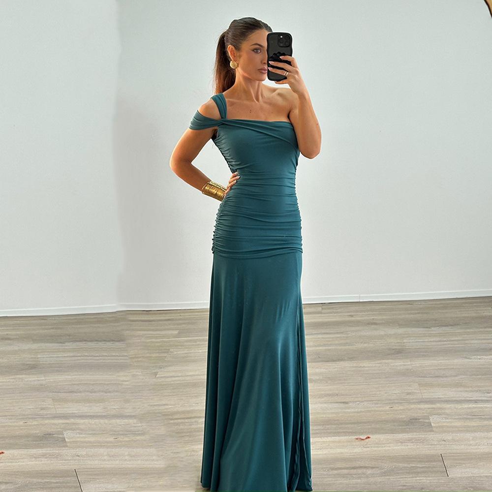 Women's Summer New European and American Women's Clothing Sexy Dress Slanted Shoulder Pleated Side Split Texture Dress